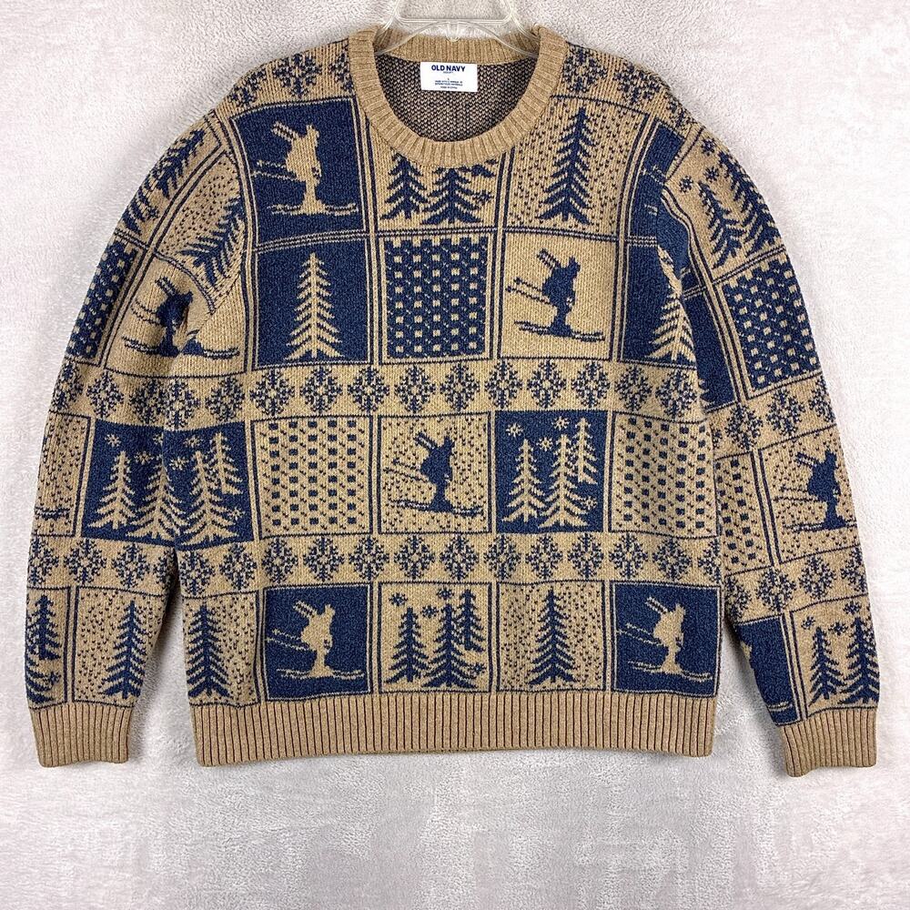 Old Navy Sweater Mens L Brown Blue Pine Ski Nordic Snow Preppy Outdoors